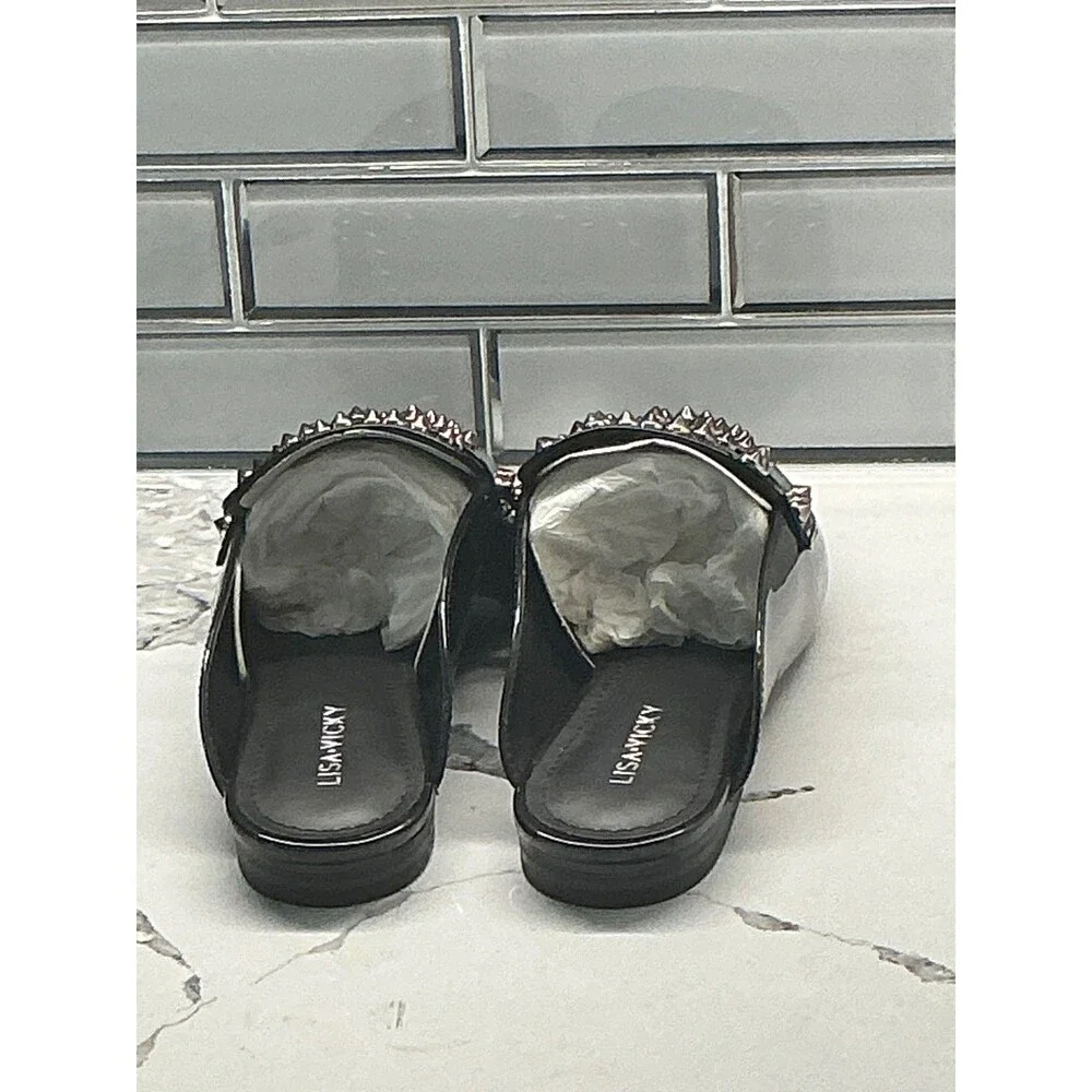 Lisa Vicky MOJO-V Black Patent PU Studded Pointed Toe Mules Women's Size 7‎ M